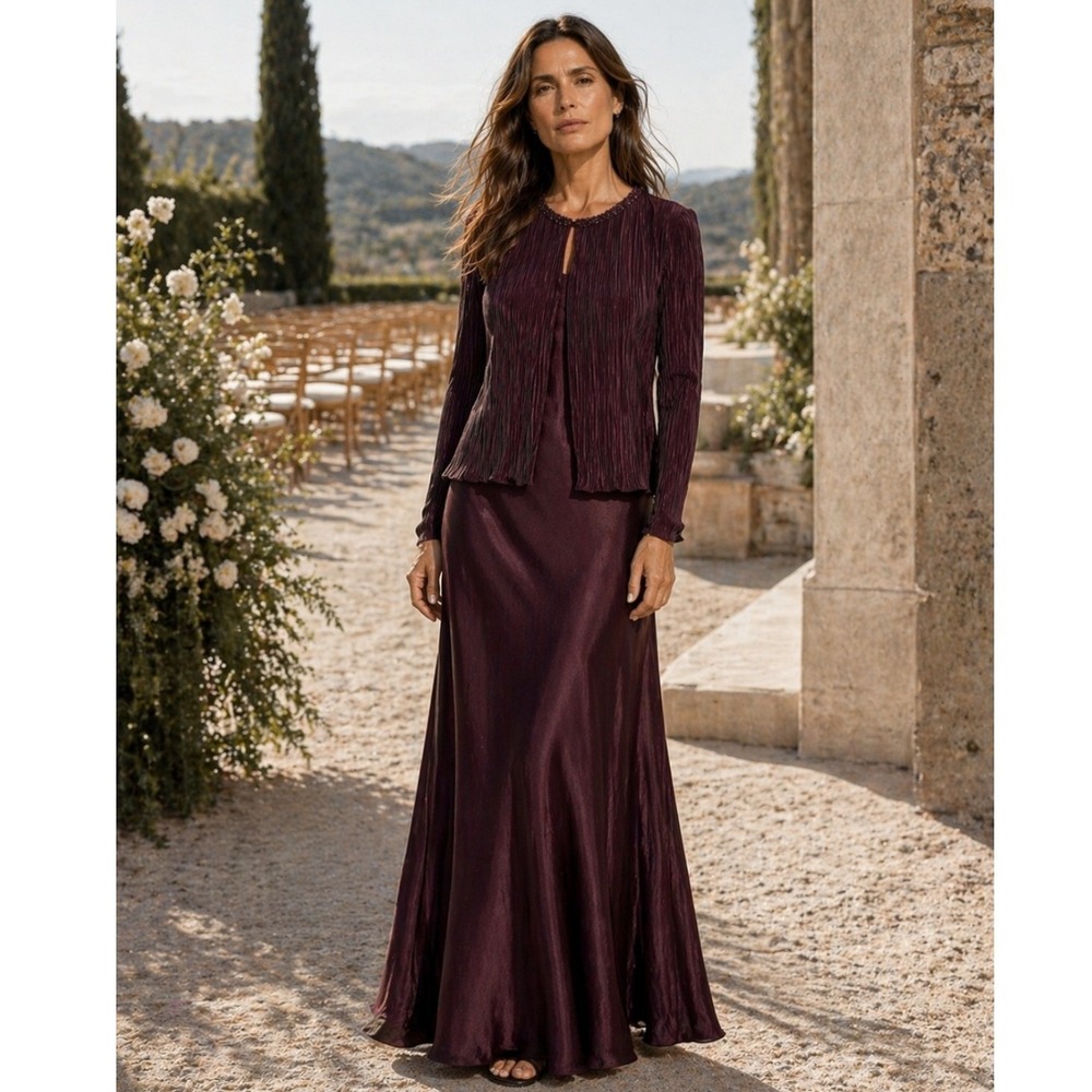 CACHET SATIN MAXI GOWN Dress Set Women 10 MERLOT Beaded‎ JACKET FORMAL ELEGANT